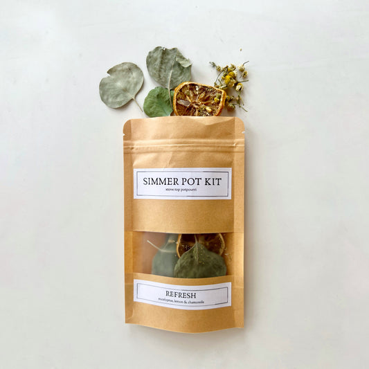 Unearthed Naturals’ Refresh Simmer Pot Kit, crafted with eucalyptus, lemon, and chamomile to naturally refresh and invigorate your home